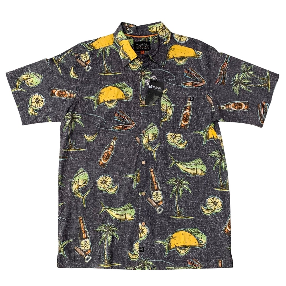 Salt Life Graphic Button Up Shirt Tropical Fish Beer Palm Trees Mens Size M‎ NWT